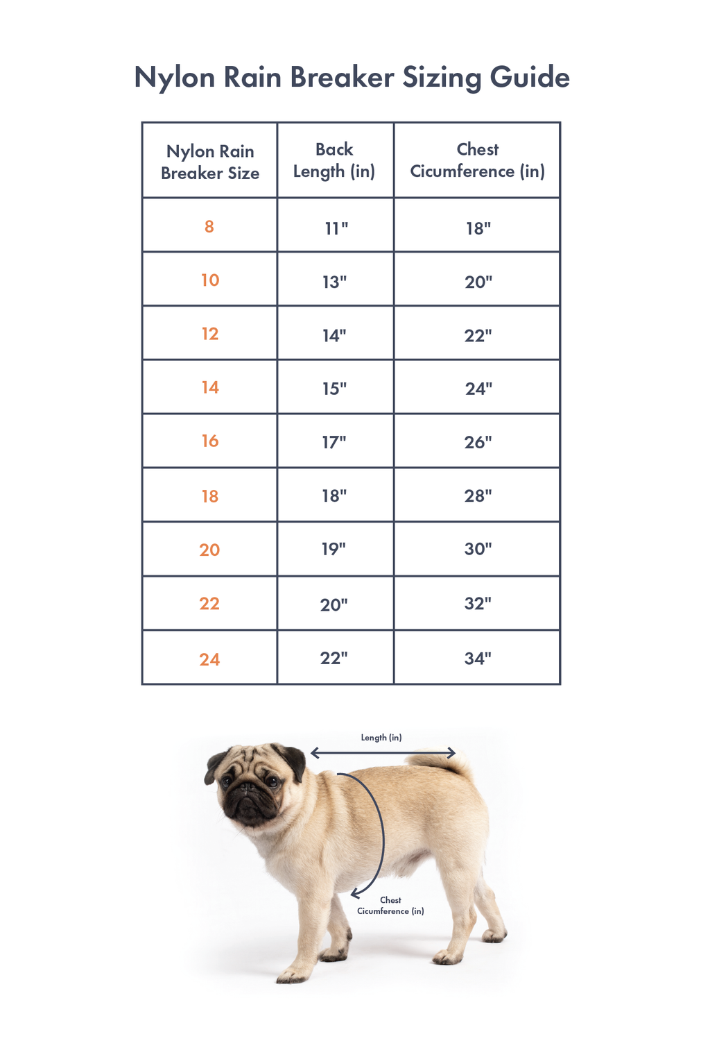 nylon rainbreaker size chart